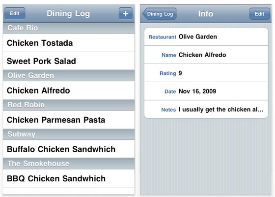 iPhone app - Dining Log
