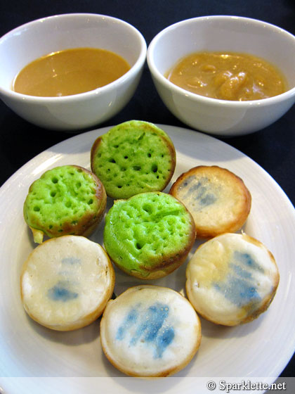 Peranakan food: Kuih Cara (cupcakes) and Apong Bak Kuah (pancakes with banana and durian sauce)