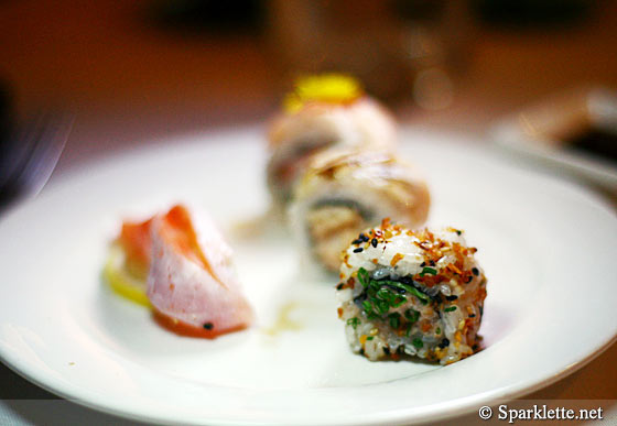 Swordfish roll Spicy tuna roll with bonito flakes and spring onion